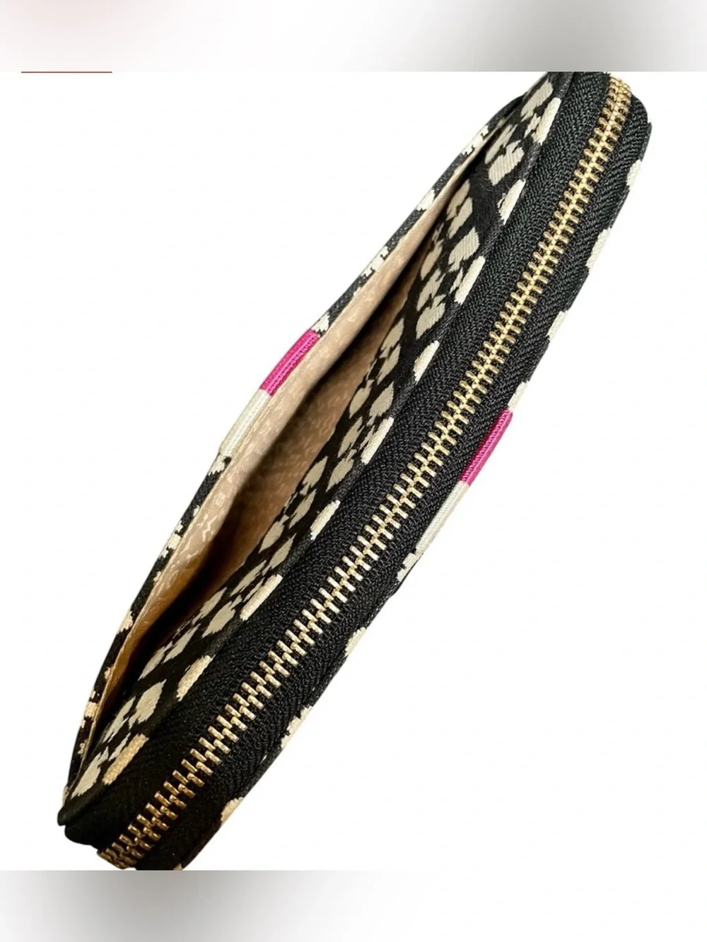 kate spade Varsity Black & White Geometric Zip Wallet with Pink and Cream Stripe